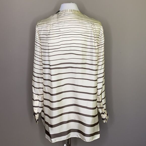 THEORY Popover Ivory/Olive Green Painted Stripe Silk Tunic Blouse Size Small - Picture 8 of 11
